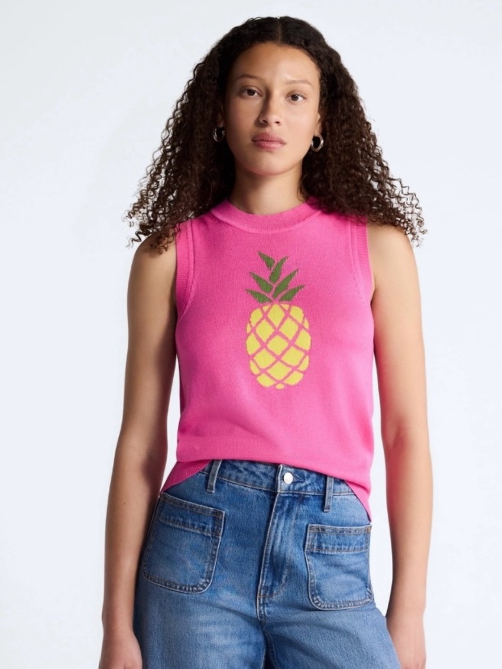 Pink Sleeveless Knit Tank with Yellow Pineapple Graphic